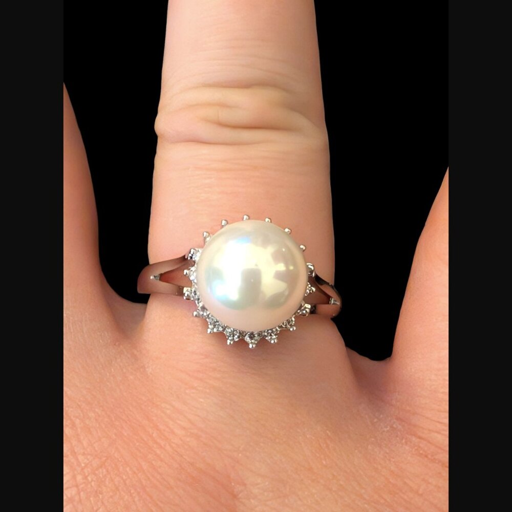 Vintage Style Faux Pearl CZ Silver Tone Statement Ring